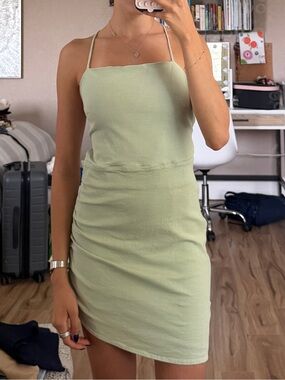 Light Sage Square-Neck Open/Back Linen-Blend Mini Dress with Thin Straps